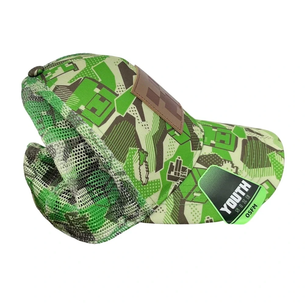 Minecraft Trucker Hat Kids Youth OSFM Green Creeper Pixel Camo Snapback Mesh Cap